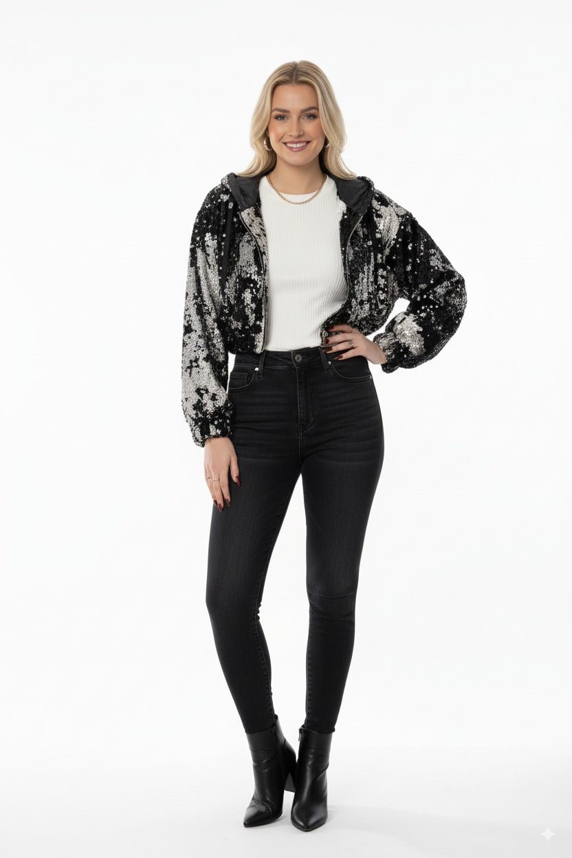 Zwart - Zilveren Pailletten Bomberjack – Dames Party Jas - BlushFashionstore