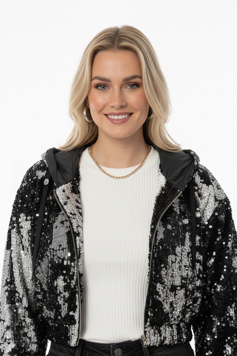 Zwart - Zilveren Pailletten Bomberjack – Dames Party Jas - BlushFashionstore