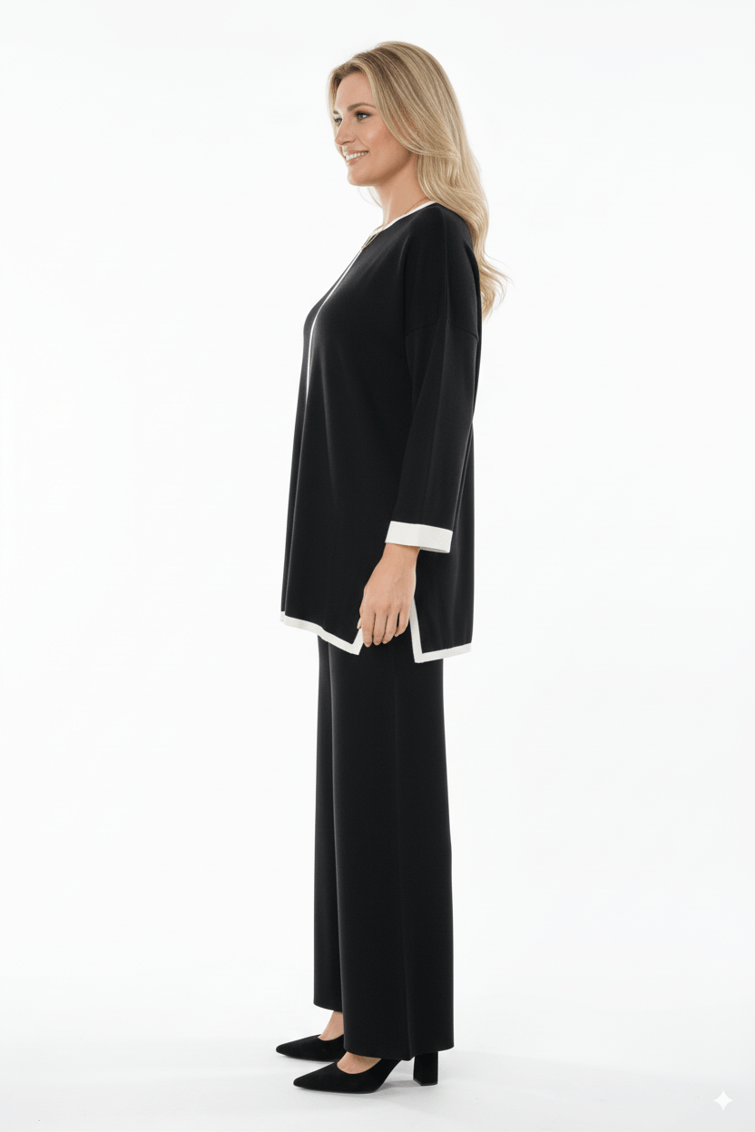 Zwarte 2 - Delige Dames Set – Trui & Wijde Broek met Witte Bies - BlushFashionstore