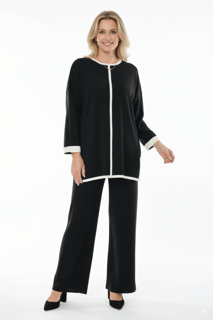 Zwarte 2 - Delige Dames Set – Trui & Wijde Broek met Witte Bies - BlushFashionstore