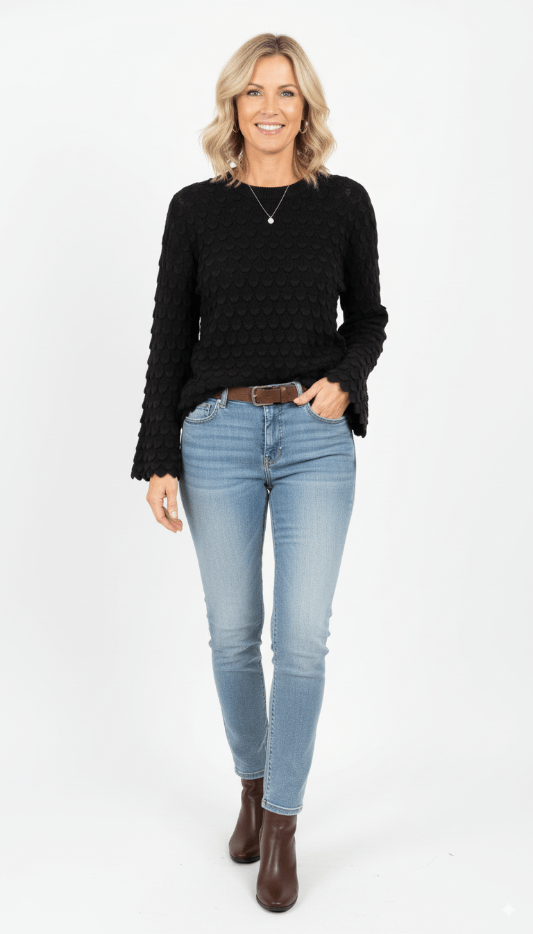 Zwarte Trui Dames – Gebreide Trui met Structuur en Wijde Mouwen - BlushFashionstore