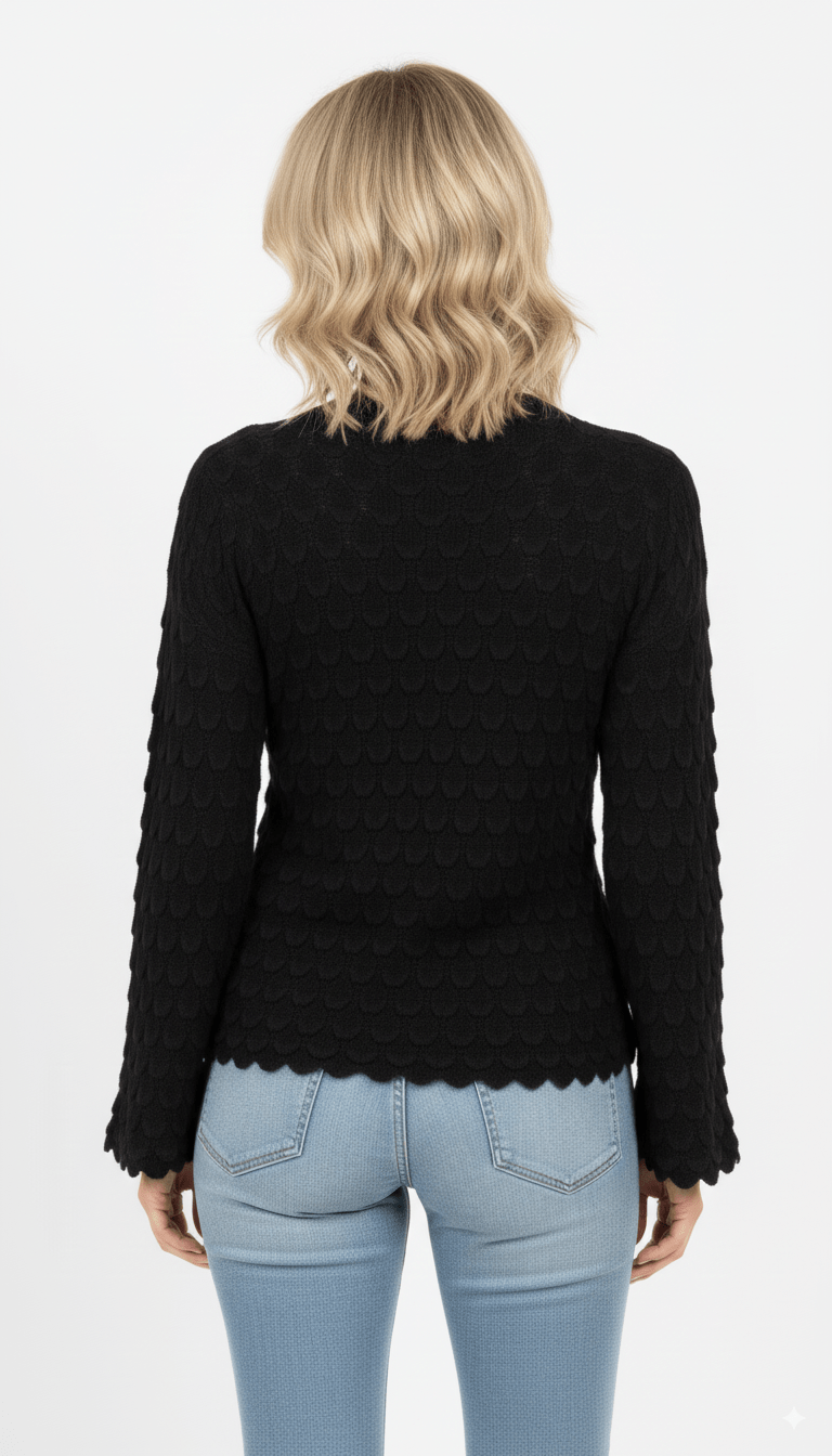 Zwarte Trui Dames – Gebreide Trui met Structuur en Wijde Mouwen - BlushFashionstore