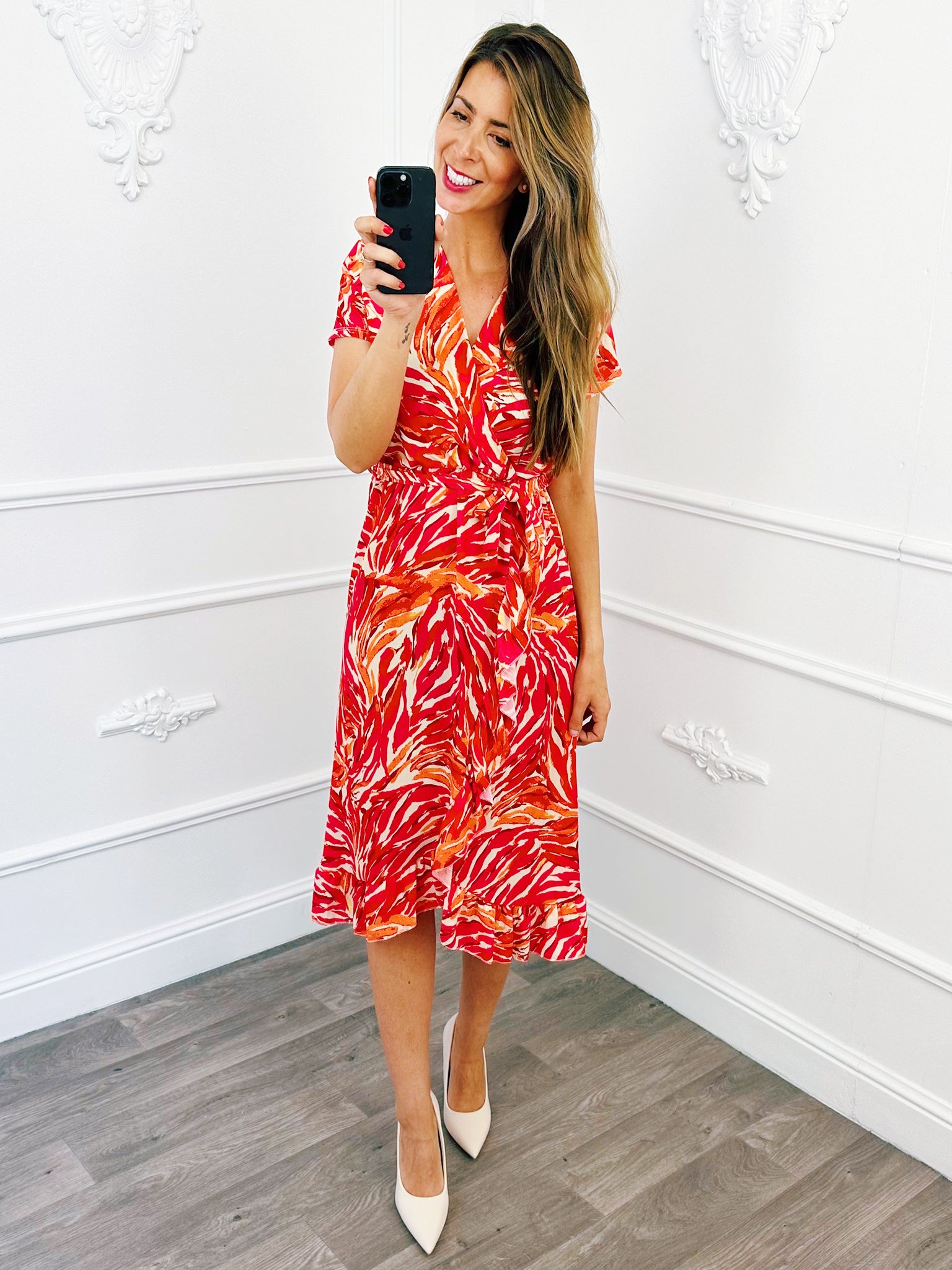 Camouflage Ruffel Midi Jurk Fuchsia