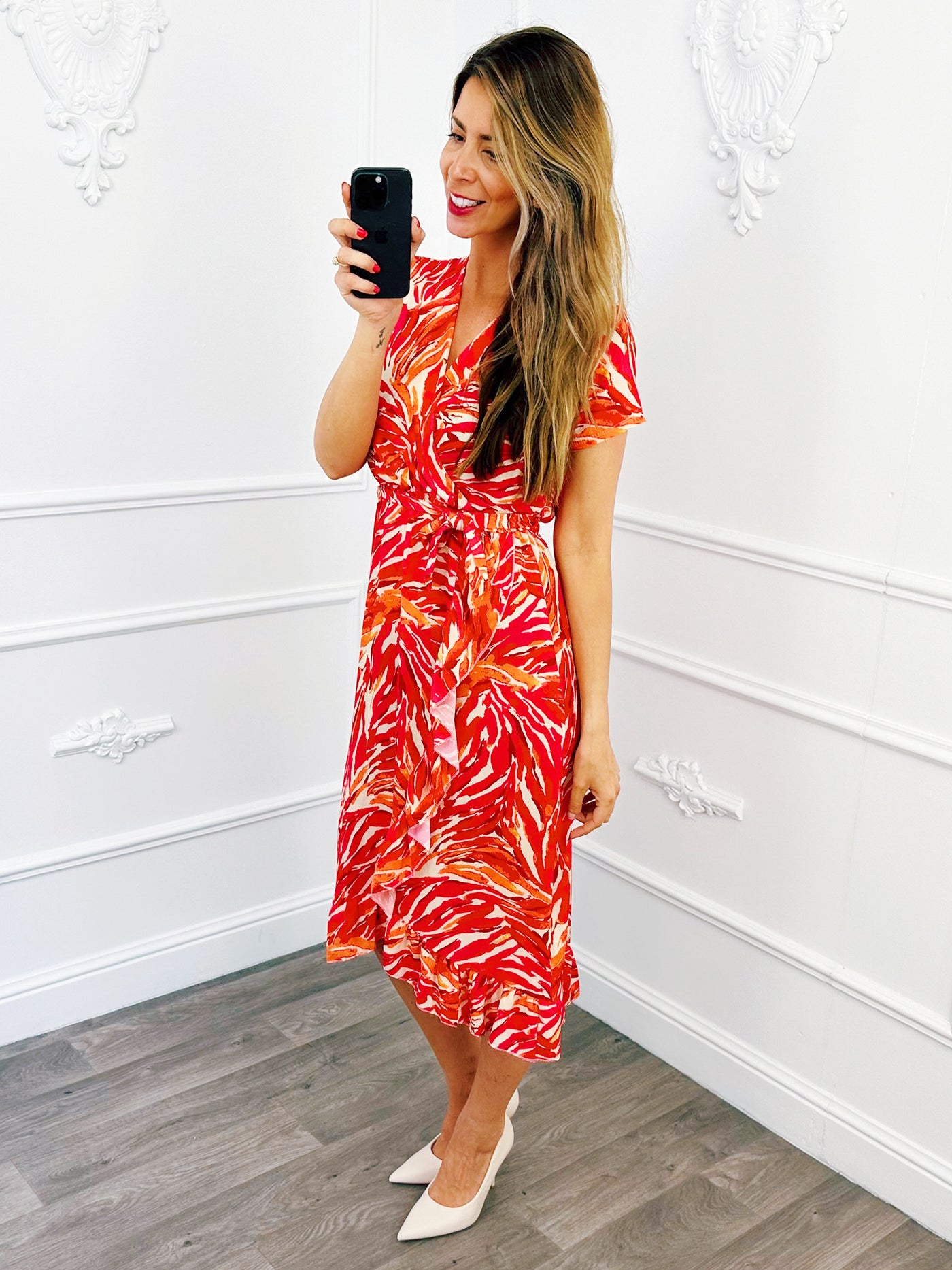 Camouflage Ruffel Midi Jurk Fuchsia