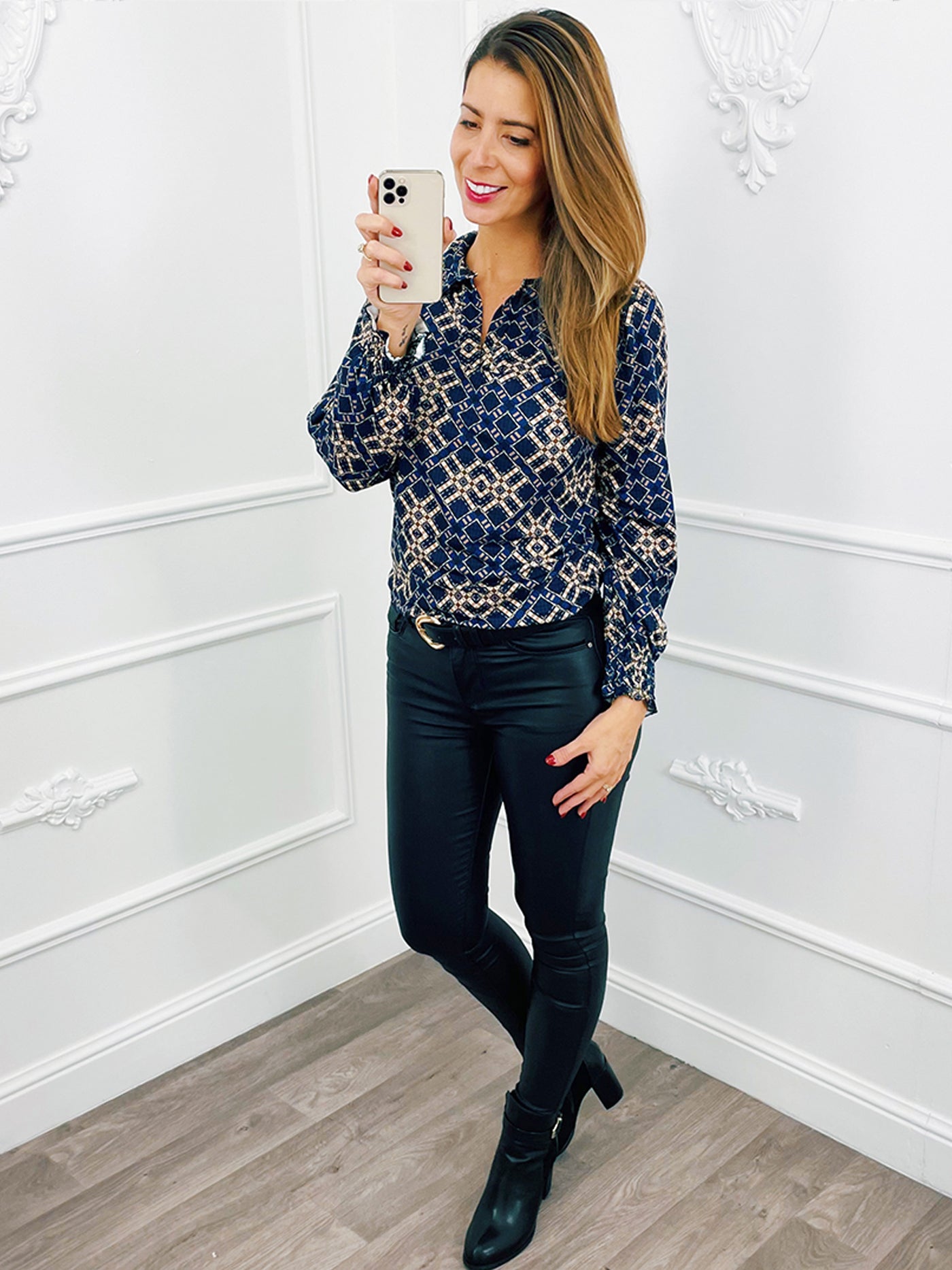 Print Block Stretch Blouse Blauw