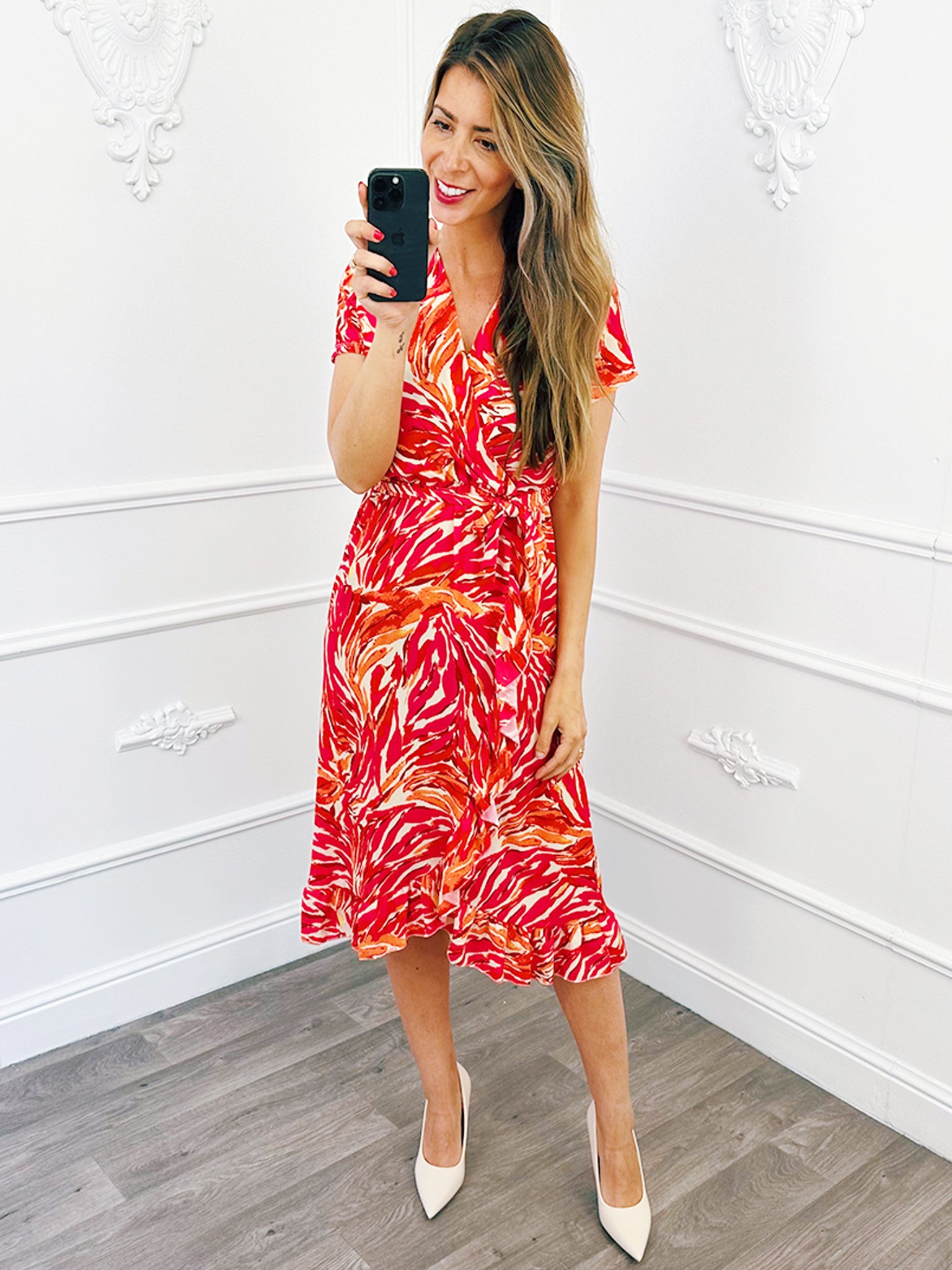 Camouflage Ruffel Midi Jurk Fuchsia