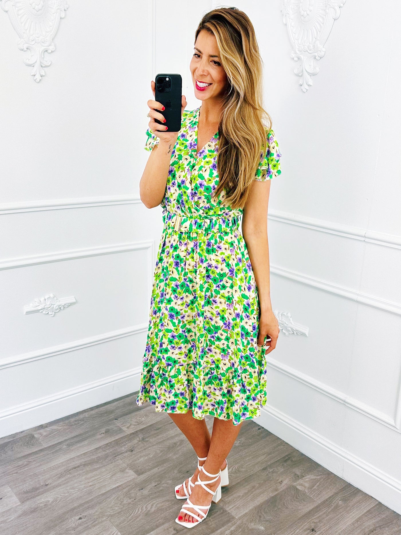 Flower Belt Dress Groen