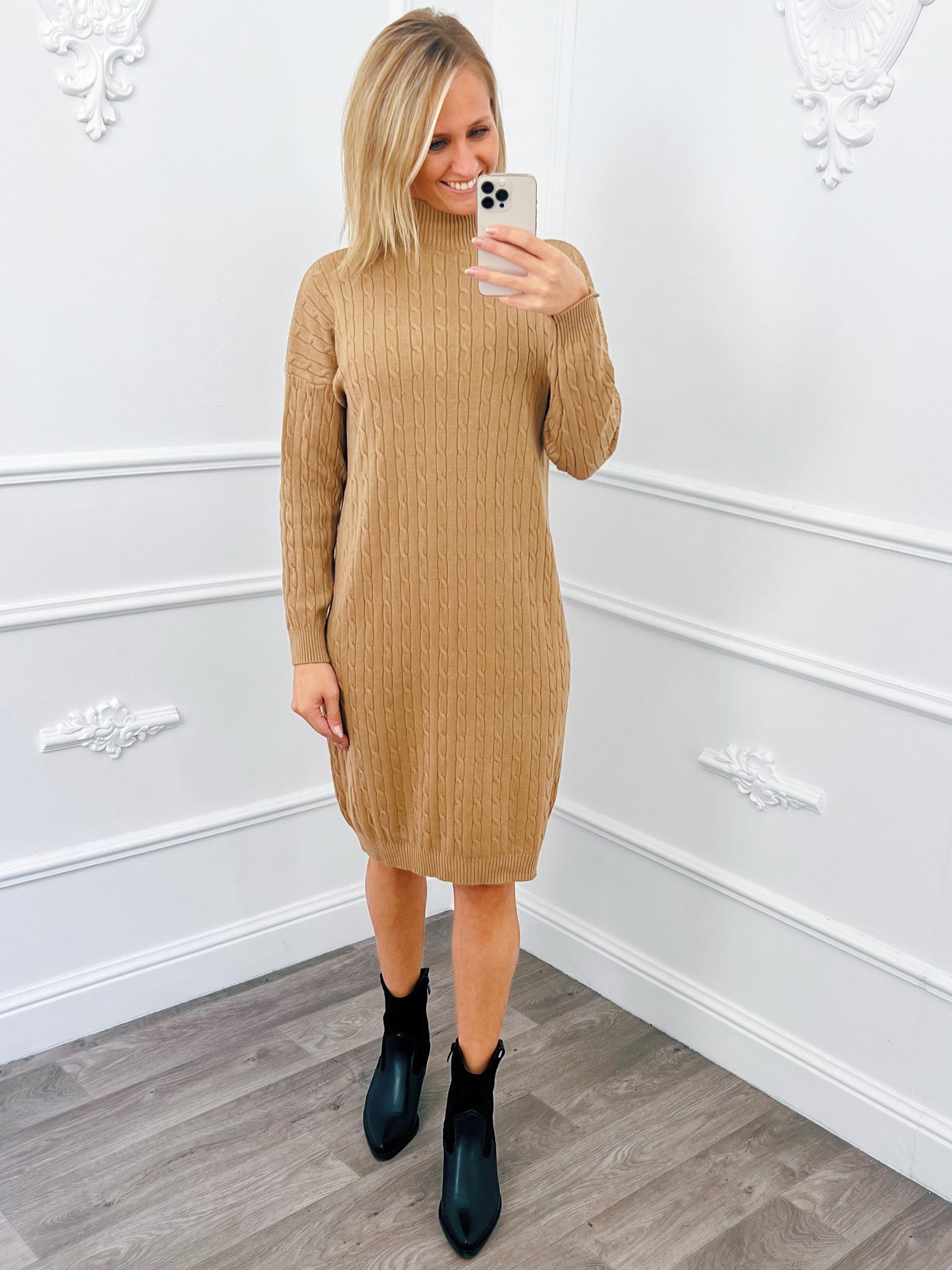 Cable Turtleneck Dress Camel