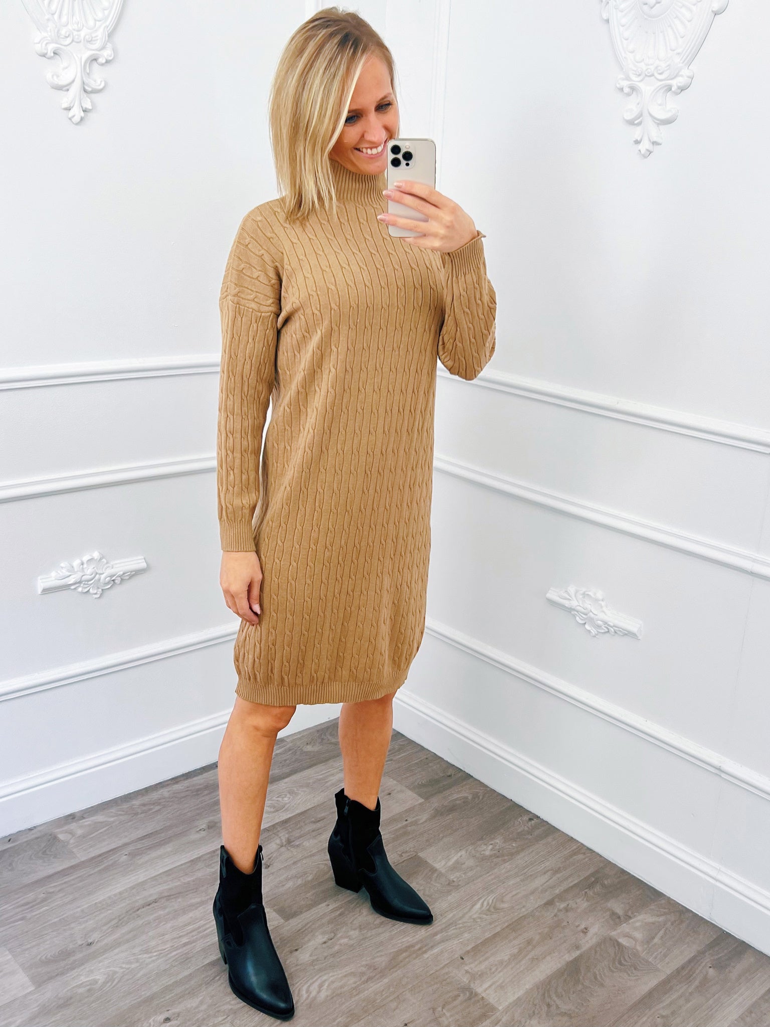 Cable Turtleneck Dress Camel