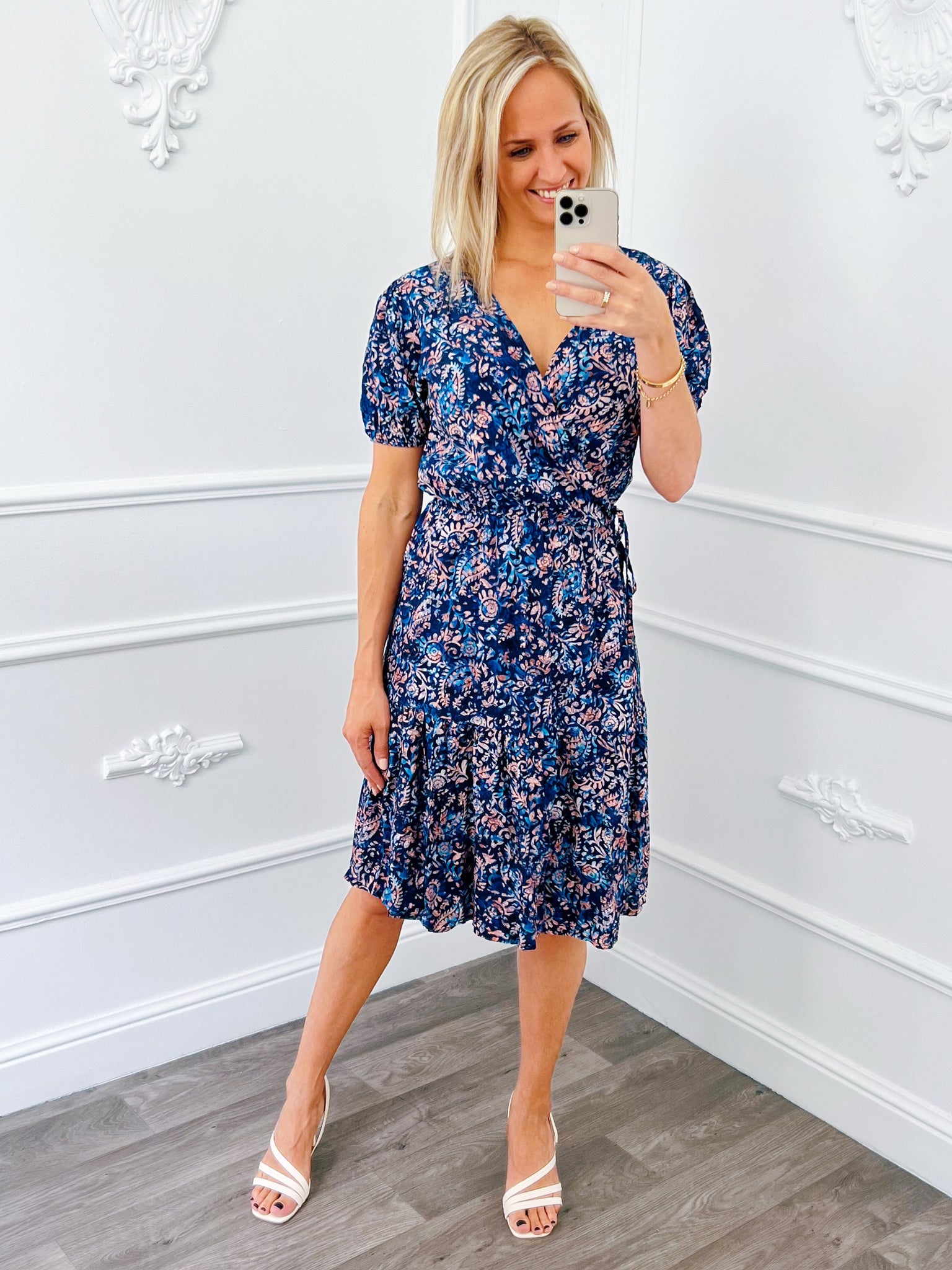 Robe Portefeuille Manches Bouffantes Bleu