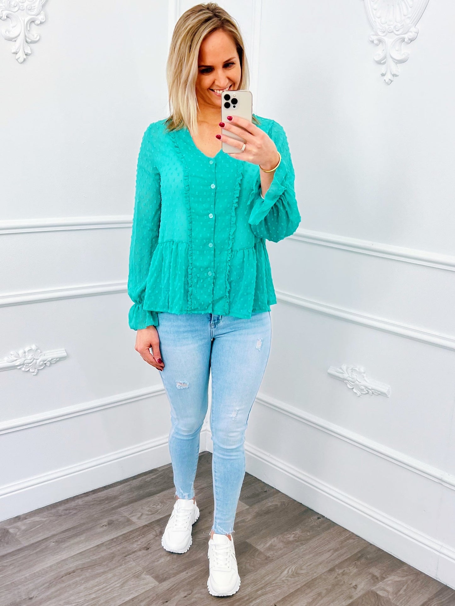 Ruffel Dots Blouse Mint Groen Sale - BlushFashionstore