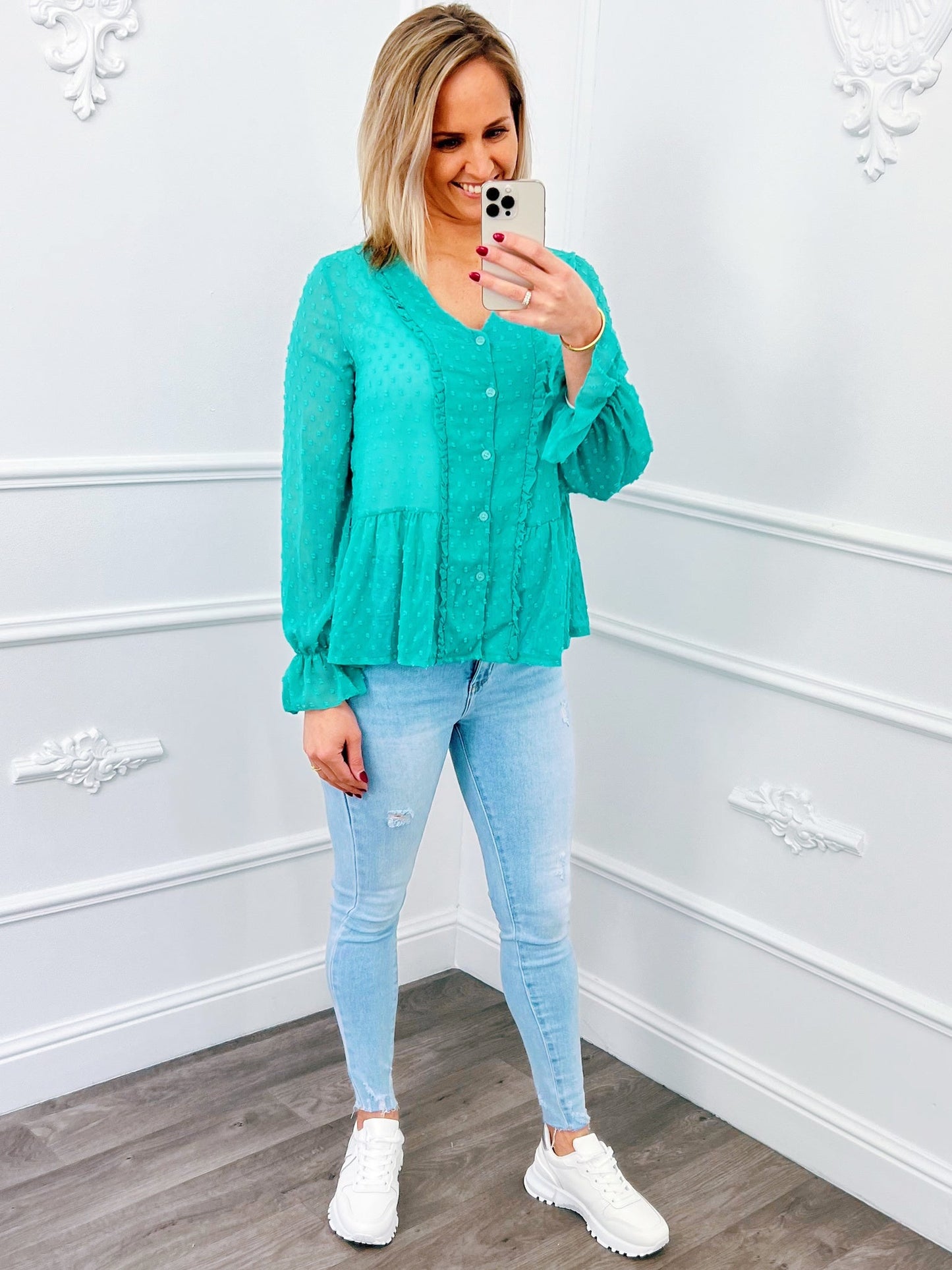 Ruffel Dots Blouse Mint Groen Sale - BlushFashionstore