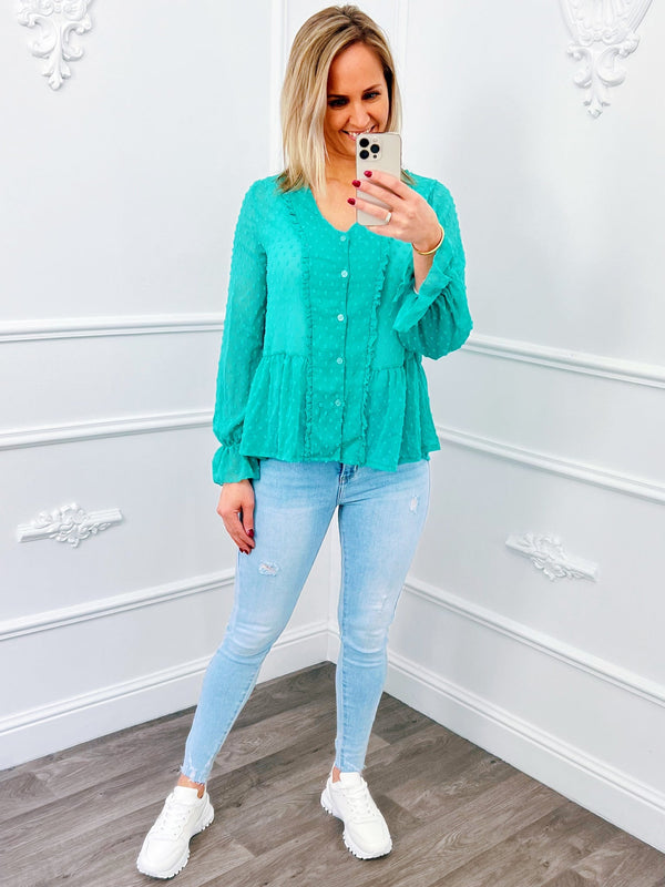 
                    
                      Ruffel Dots Blouse Mint Groen Sale - BlushFashionstore
                    
                  