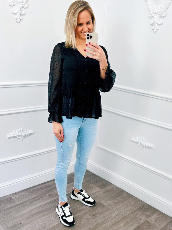 
                    
                      Ruffel Dots Blouse Zwart - BlushFashionstore
                    
                  