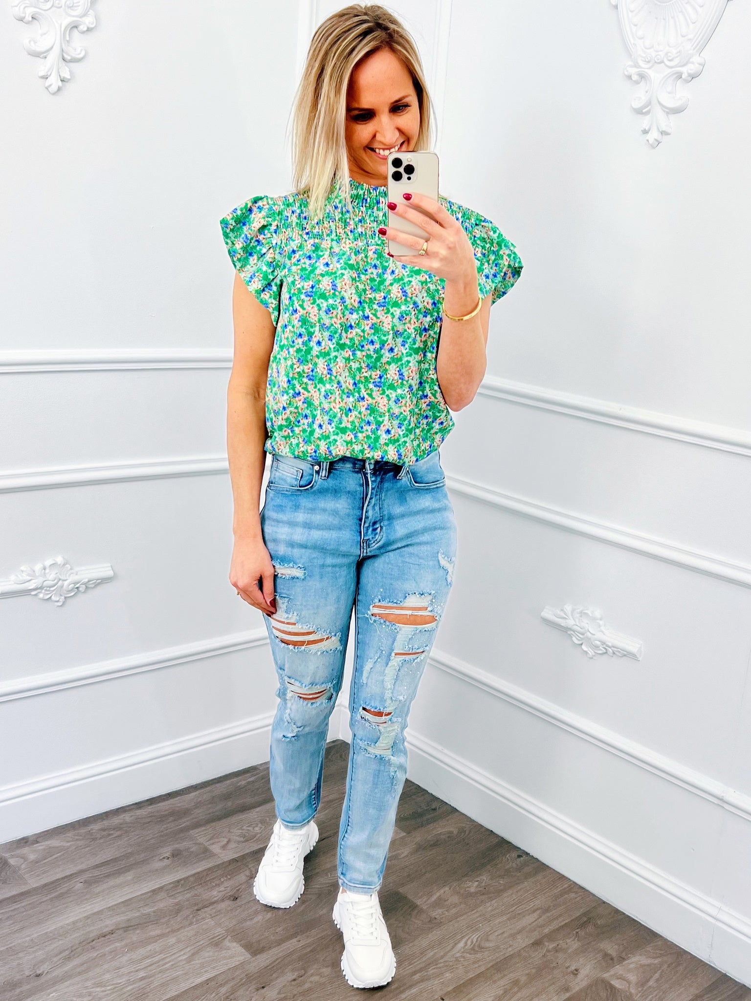 Ruffel Flower Col Top Groen